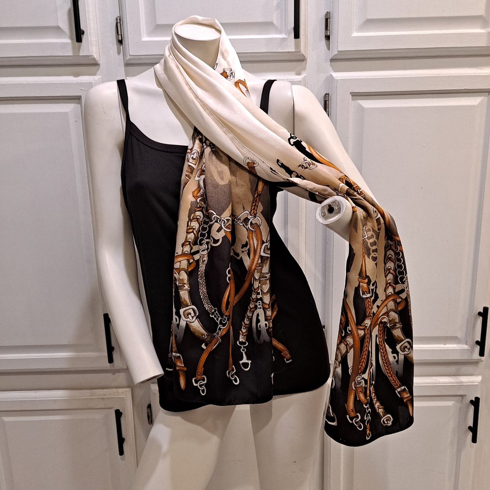 Chic Cream and Brown Designer Scarf Equestrian Bridles Chains Motif Silky Satin